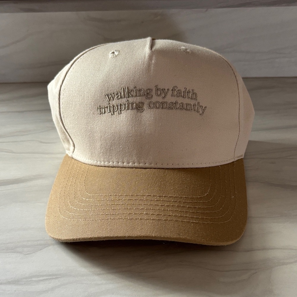 Beige & Camel Embroidered Baseball Cap - "walking by faith tripping constantly"